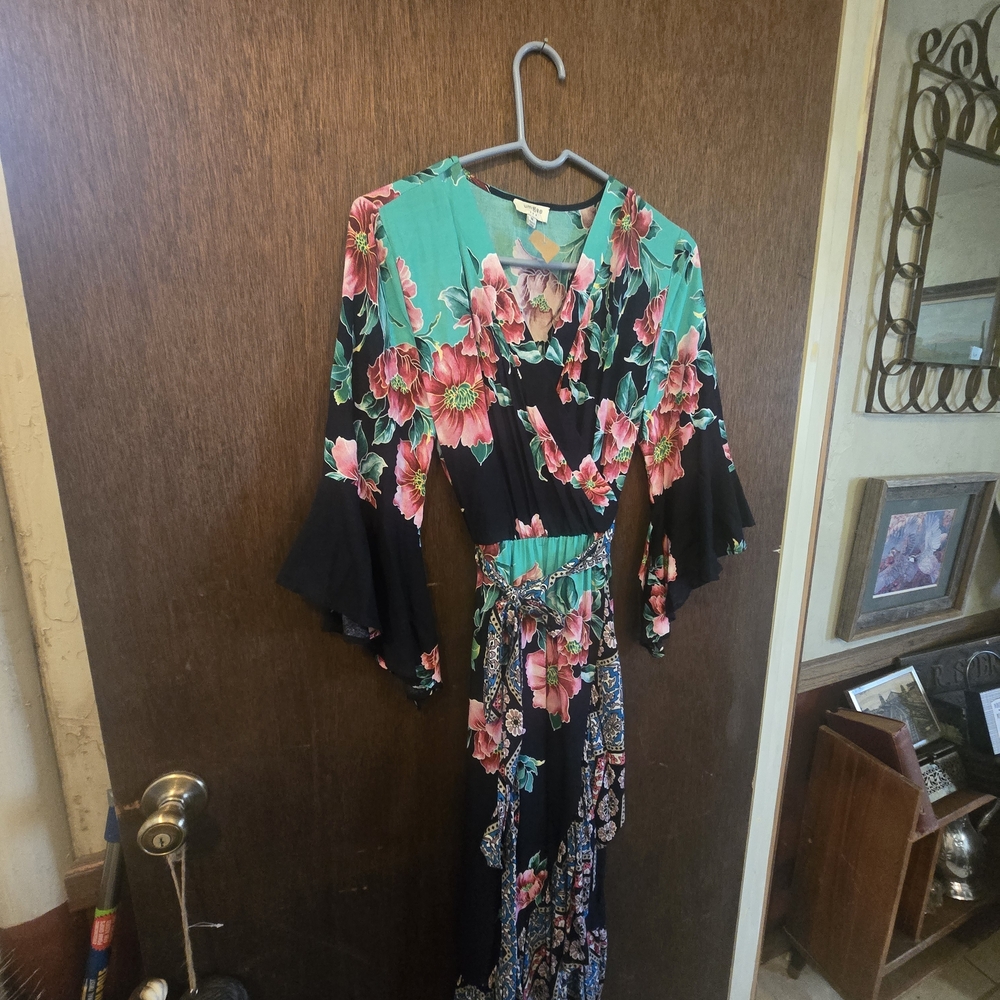 Umgee Floral Asymmetrical Dress - Green and Black